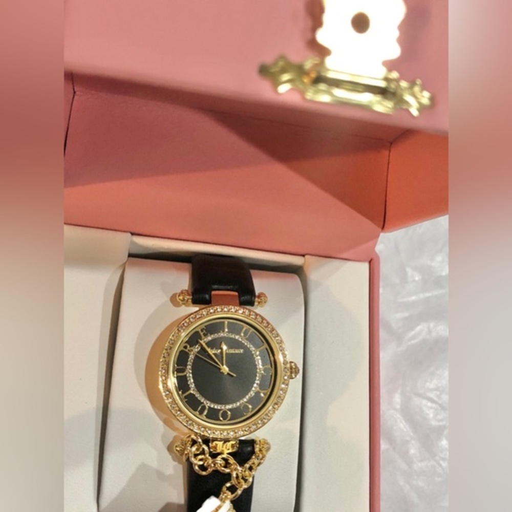 Juicy Couture black gold tone Juicy Couture numerals watch & J charm in pink box